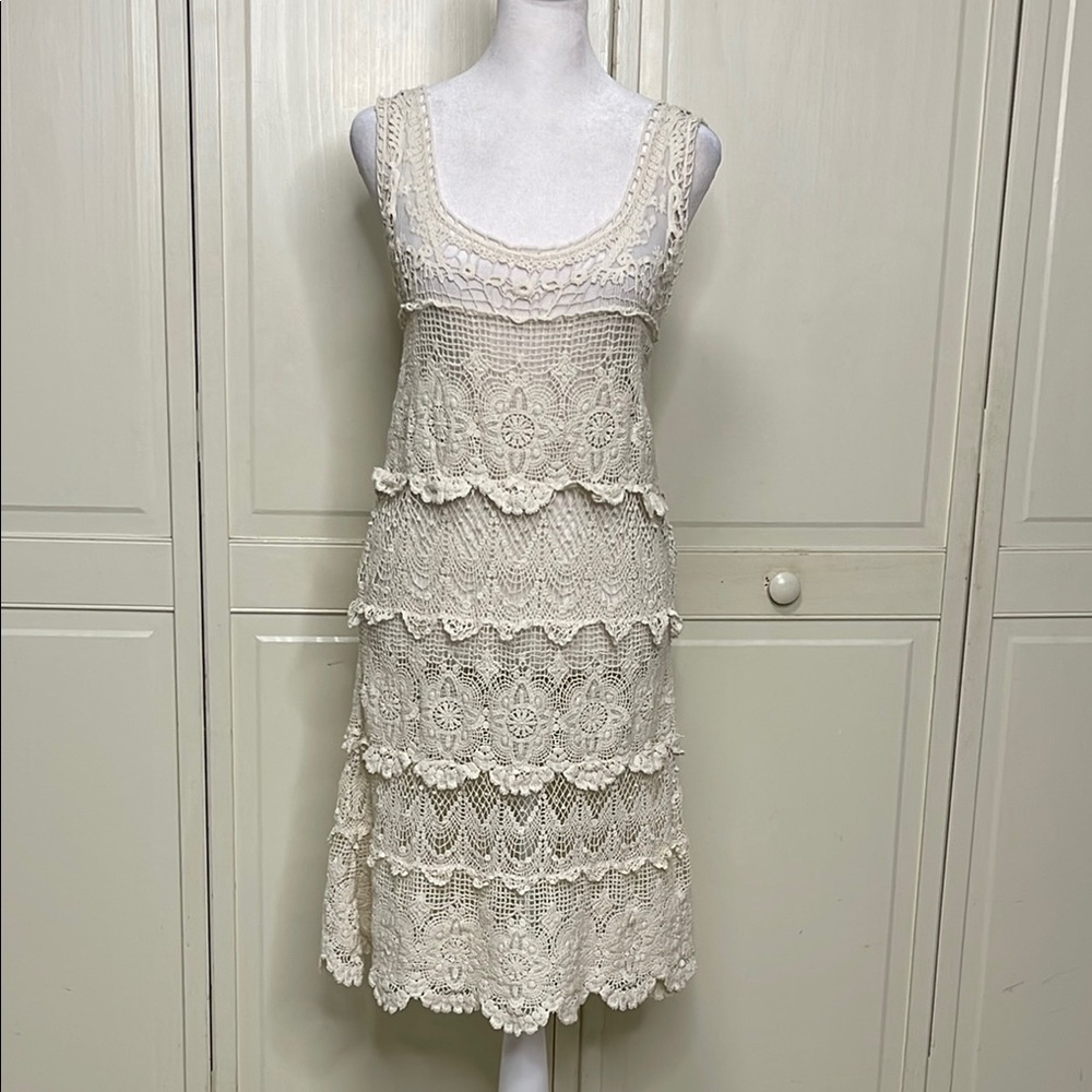 Solitaire Women White/Cream Sleeveless Tiered Crochet Coverup Size Medium